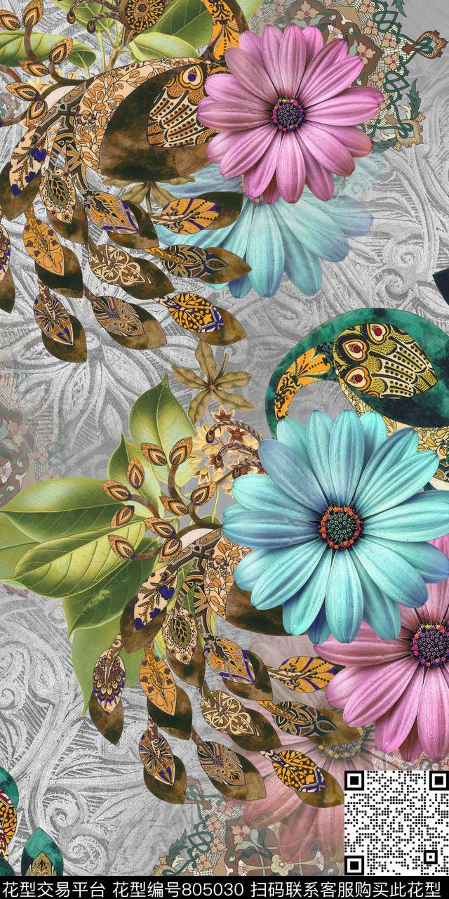 复古孔雀雏菊数码印花华亿平台下载（图片编号: 805030） - 瓦栏（Walan）