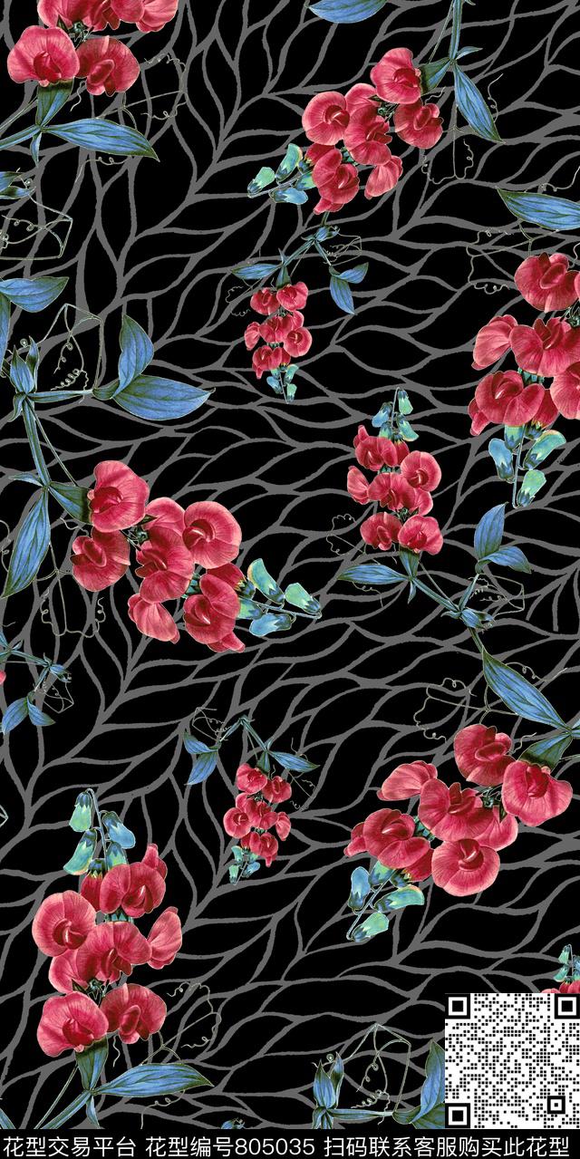 乱花大花花卉数码印花华亿平台下载（图片编号: 805035） - 瓦栏（Walan）