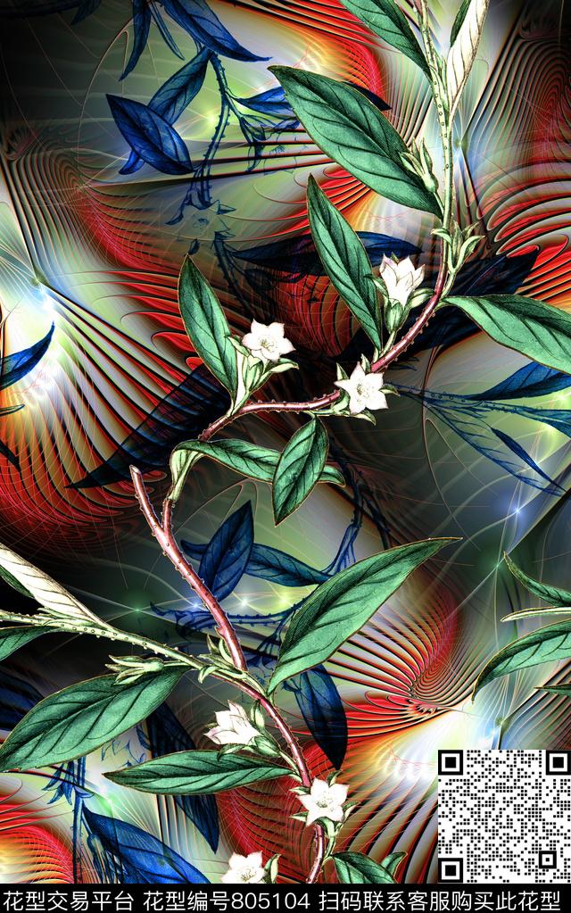 叶子水彩水印数码印花华亿平台下载（图片编号: 805104） - 瓦栏（Walan）