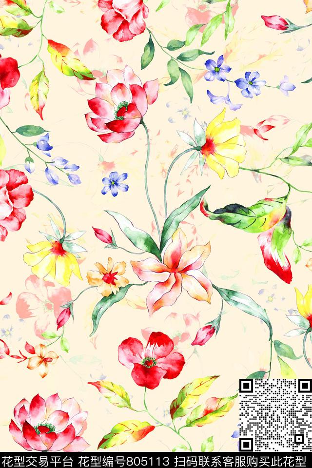 花卉手绘水彩数码印花华亿平台下载（图片编号: 805113） - 瓦栏（Walan）