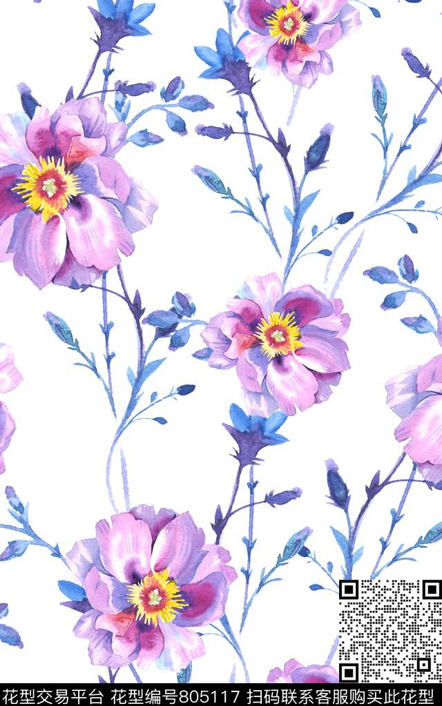 花卉花朵叶子数码印花华亿平台下载（图片编号: 805117） - 瓦栏（Walan）