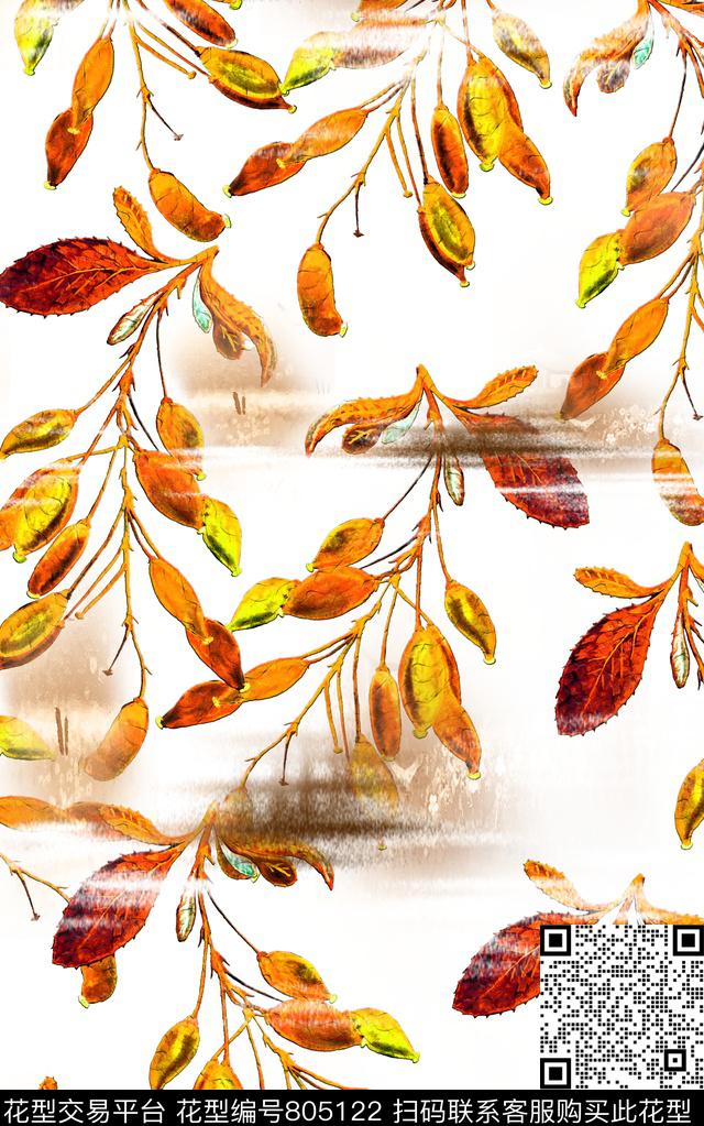 叶子水彩纹路数码印花华亿平台下载（图片编号: 805122） - 瓦栏（Walan）