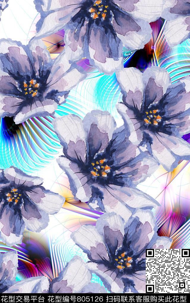 纹路花卉水彩数码印花华亿平台下载（图片编号: 805126） - 瓦栏（Walan）