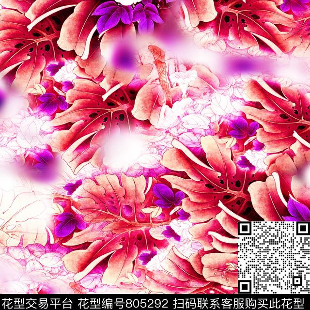 手绘花卉喇叭花龟背竹数码印花华亿平台下载（图片编号: 805292） - 瓦栏（Walan）