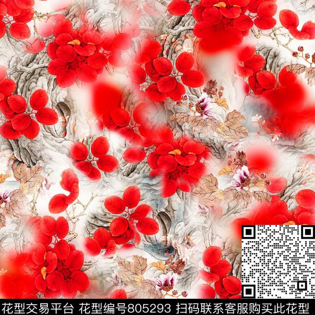 手绘花卉工笔中国风数码印花华亿平台下载（图片编号: 805293） - 瓦栏（Walan）