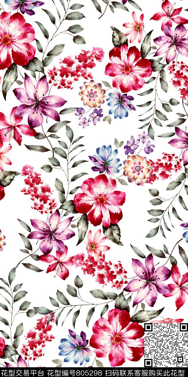 花卉数码手绘数码印花华亿平台下载（图片编号: 805298） - 瓦栏（Walan）