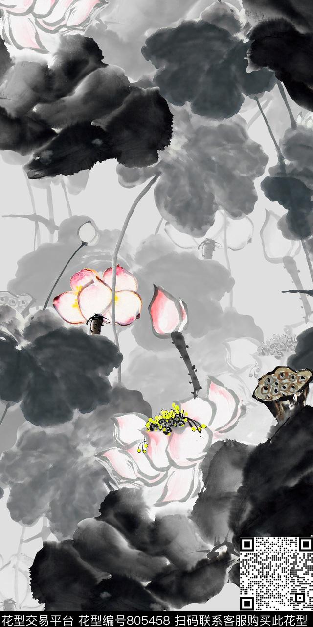 荷花小碎花小清新数码印花华亿平台下载（图片编号: 805458） - 瓦栏（Walan）