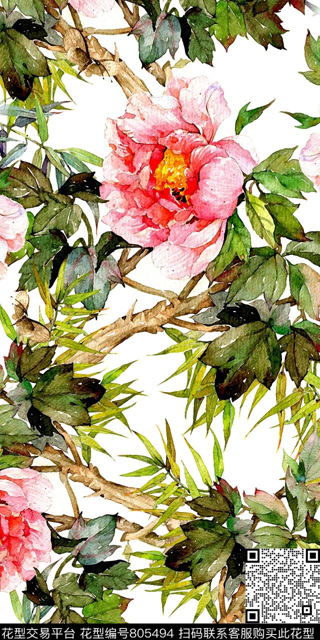 手绘水彩花卉数码印花华亿平台下载（图片编号: 805494） - 瓦栏（Walan）
