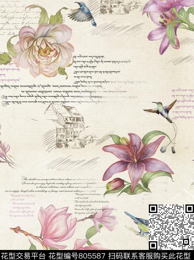 花朵鸟字母数码印花华亿平台下载（图片编号: 805587） - 瓦栏（Walan）