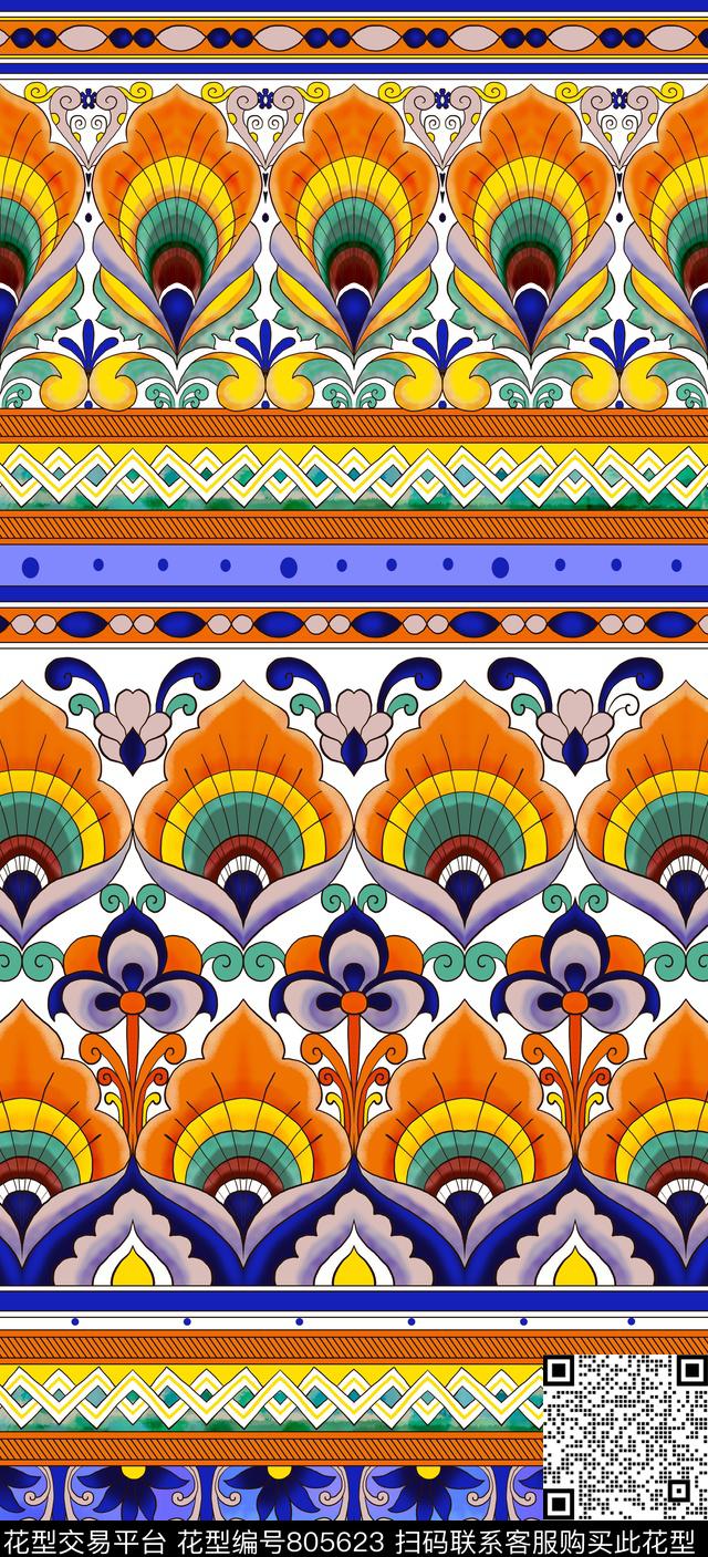 民族风孔雀羽毛花纹女装数码印花华亿平台下载（图片编号: 805623） - 瓦栏（Walan）