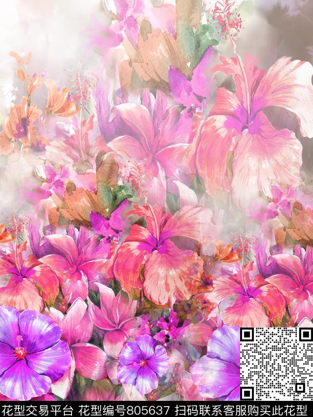 花卉喇叭花大花数码印花华亿平台下载（图片编号: 805637） - 瓦栏（Walan）