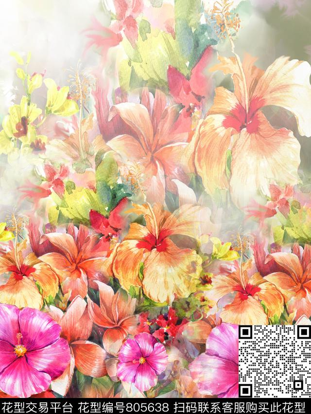 花卉喇叭花大花数码印花华亿平台下载（图片编号: 805638） - 瓦栏（Walan）