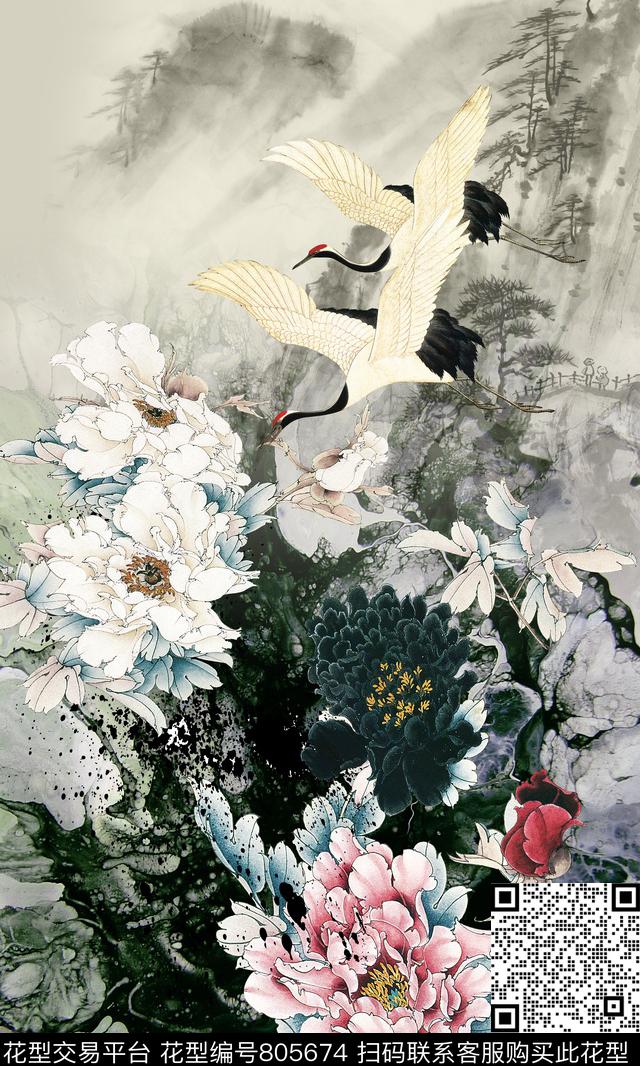 中国风牡丹仙鹤数码印花华亿平台下载（图片编号: 805674） - 瓦栏（Walan）