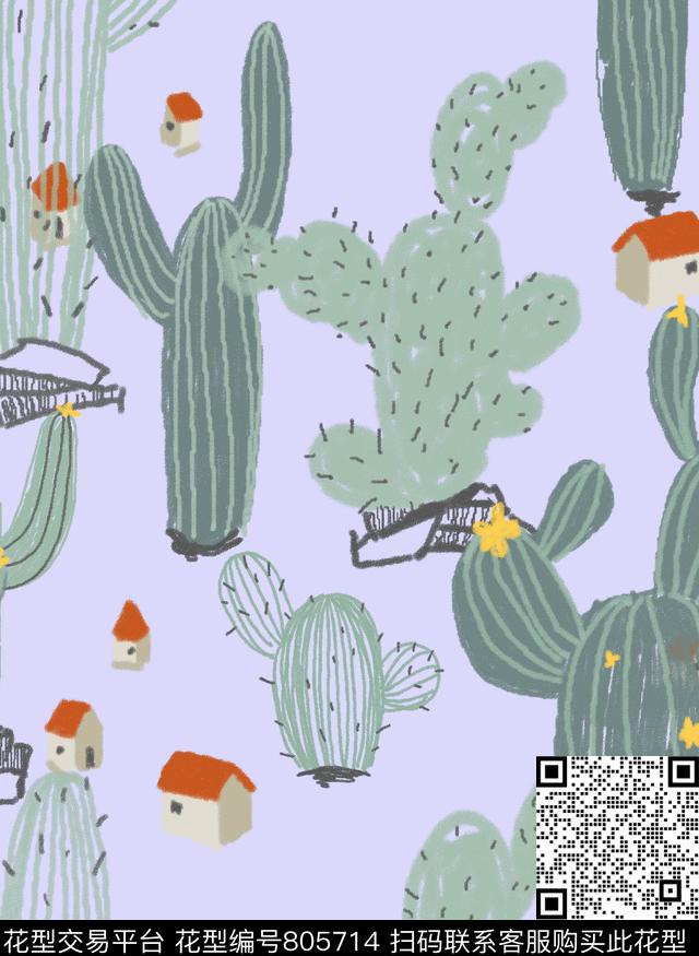 植物仙人掌涂鸦传统印花华亿平台下载（图片编号: 805714） - 瓦栏（Walan）