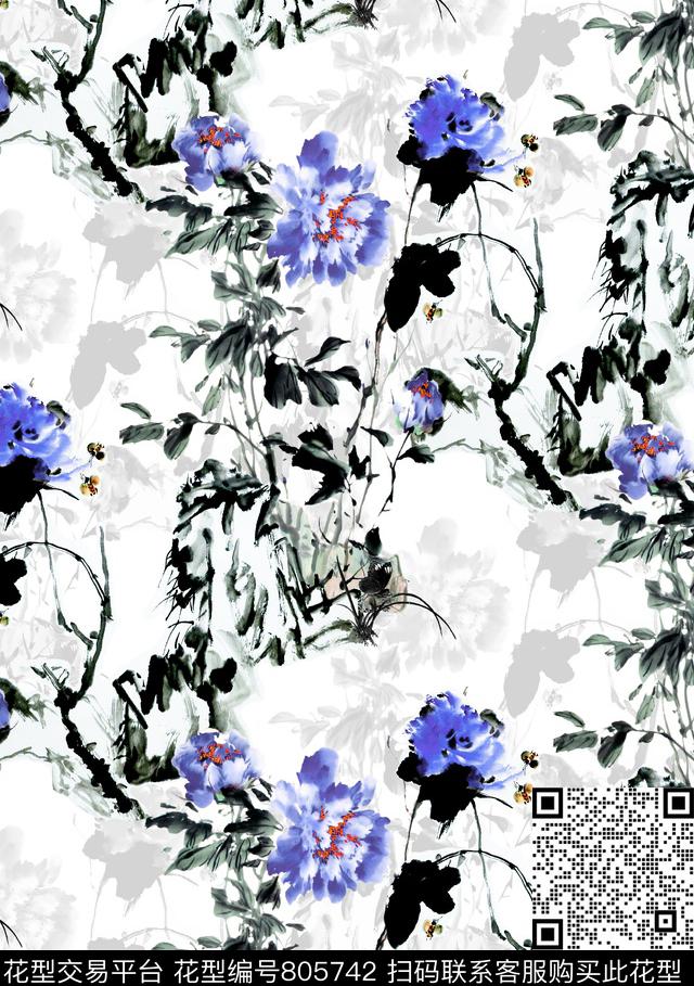 水彩水墨花卉水墨花卉中国风数码印花华亿平台下载（图片编号: 805742） - 瓦栏（Walan）