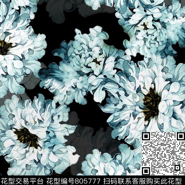 花卉牡丹黑底数码印花华亿平台下载（图片编号: 805777） - 瓦栏（Walan）