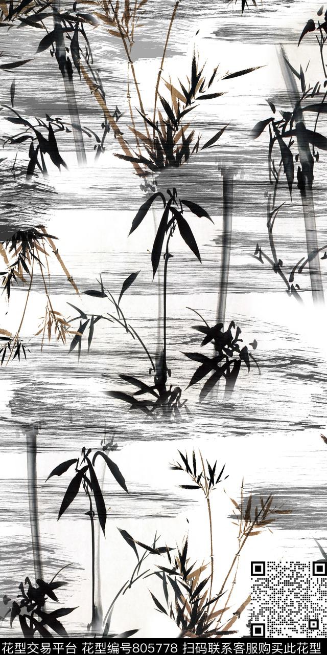 水墨中国风竹子数码印花华亿平台下载（图片编号: 805778） - 瓦栏（Walan）