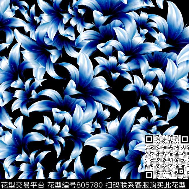 花卉百合黑底数码印花华亿平台下载（图片编号: 805780） - 瓦栏（Walan）