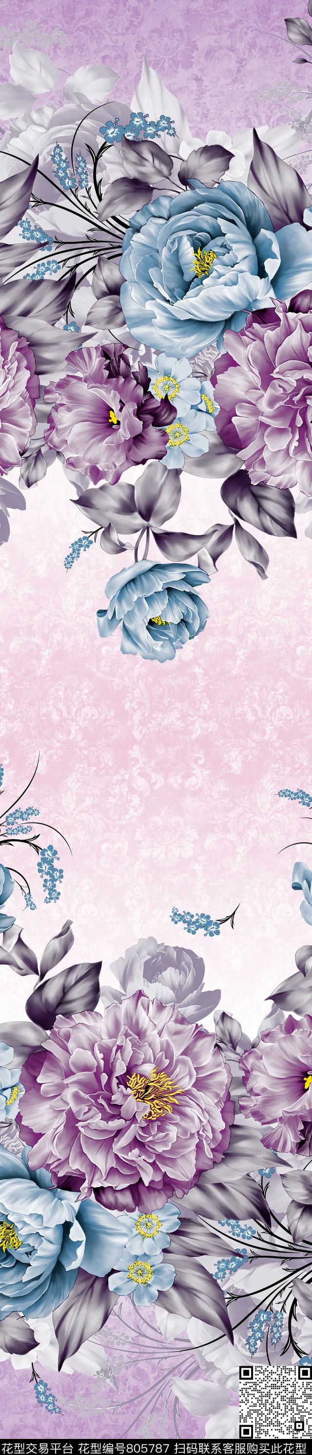 彩条大花花卉传统印花华亿平台下载（图片编号: 805787） - 瓦栏（Walan）