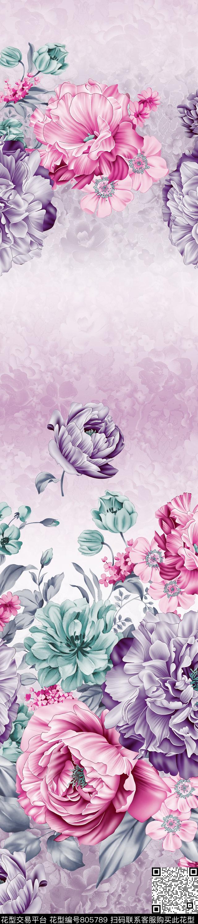 彩条大花花卉传统印花华亿平台下载（图片编号: 805789） - 瓦栏（Walan）