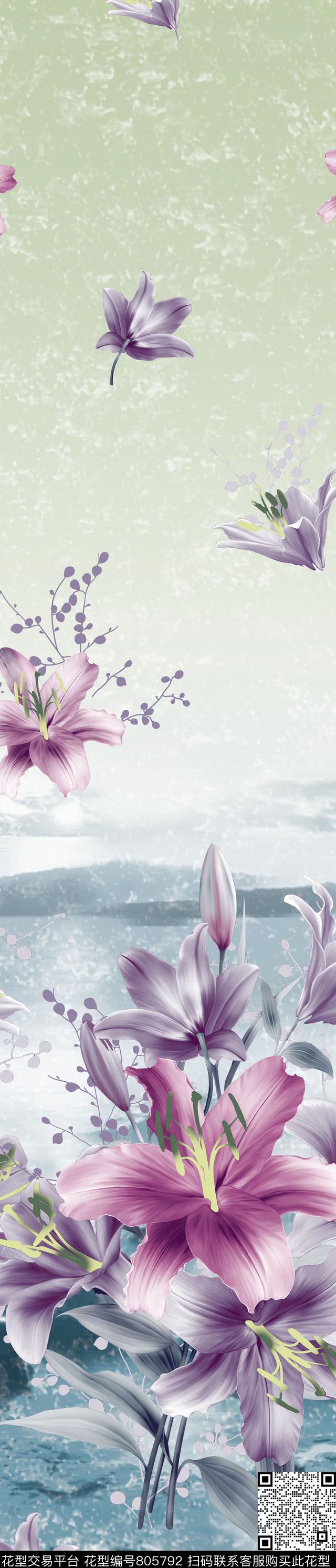 彩条百合大花传统印花华亿平台下载（图片编号: 805792） - 瓦栏（Walan）