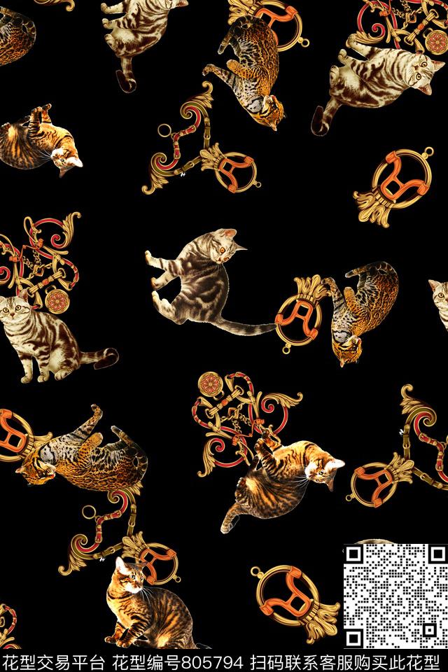猫纹样黑底数码印花华亿平台下载（图片编号: 805794） - 瓦栏（Walan）