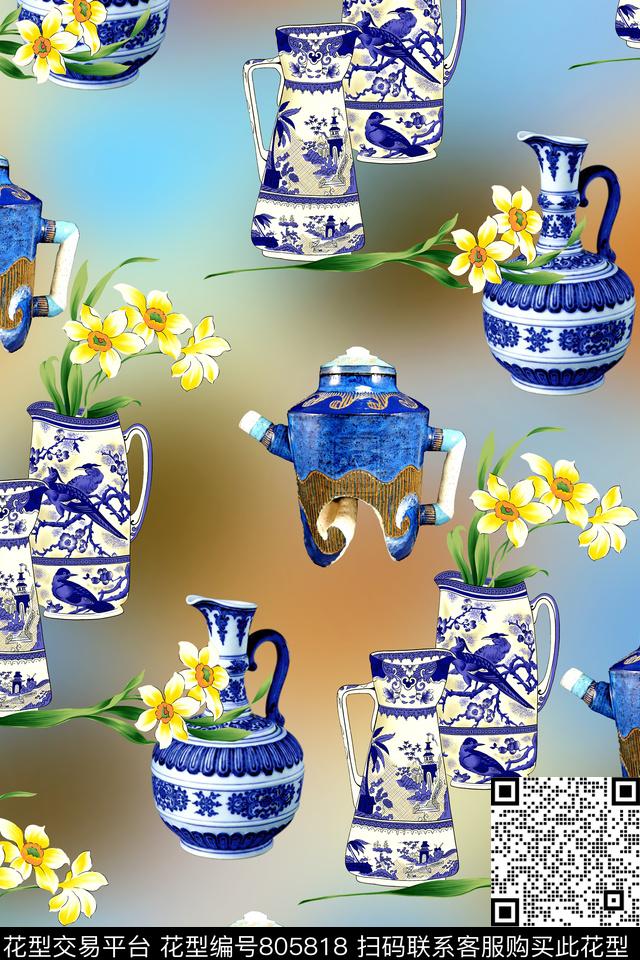 中国风青花瓷瓷器数码印花华亿平台下载（图片编号: 805818） - 瓦栏（Walan）