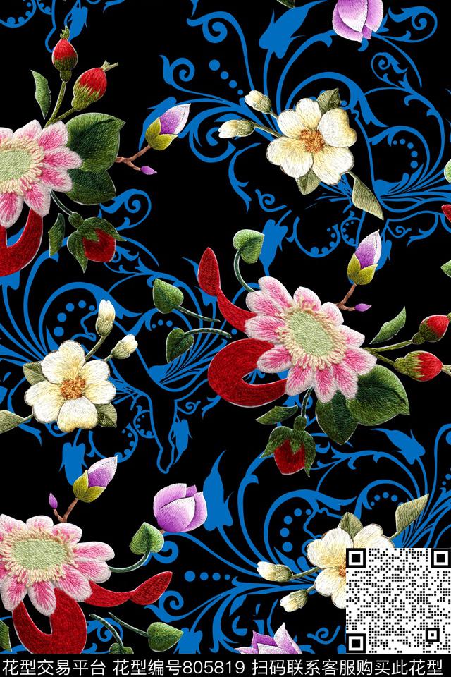 民族风卷草刺绣数码印花华亿平台下载（图片编号: 805819） - 瓦栏（Walan）