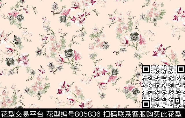 红色花卉水蓝嫩黄传统印花华亿平台下载（图片编号: 805836） - 瓦栏（Walan）