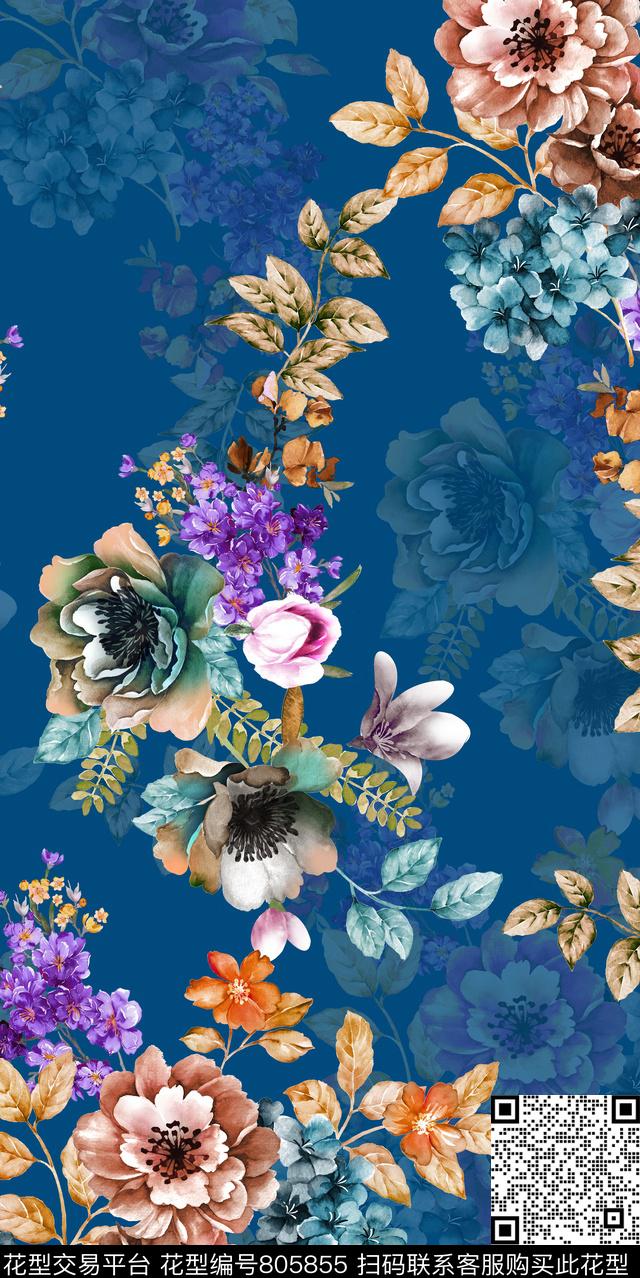 花卉花朵叶子数码印花华亿平台下载（图片编号: 805855） - 瓦栏（Walan）