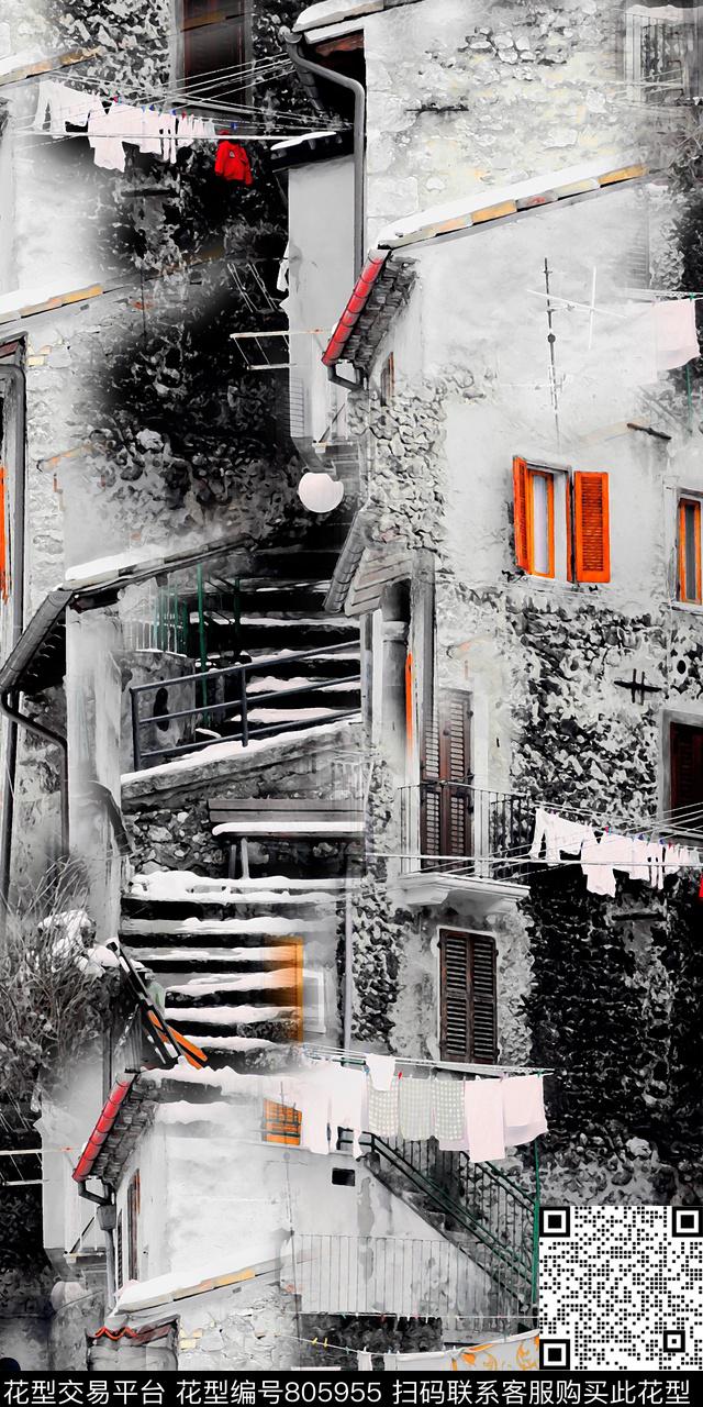 建筑房子抽象数码印花华亿平台下载（图片编号: 805955） - 瓦栏（Walan）