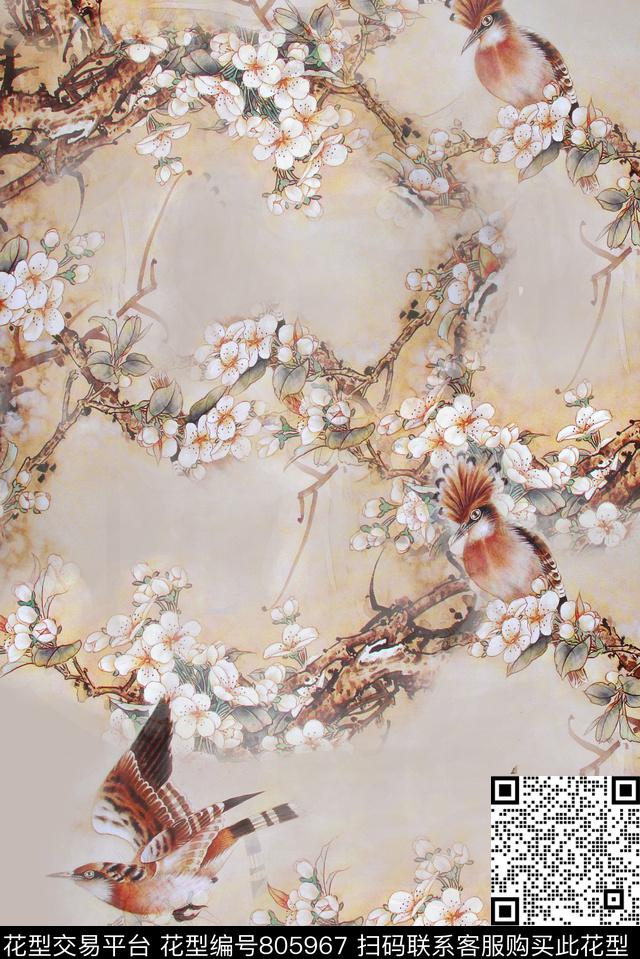 花鸟花枝工笔画数码印花华亿平台下载（图片编号: 805967） - 瓦栏（Walan）