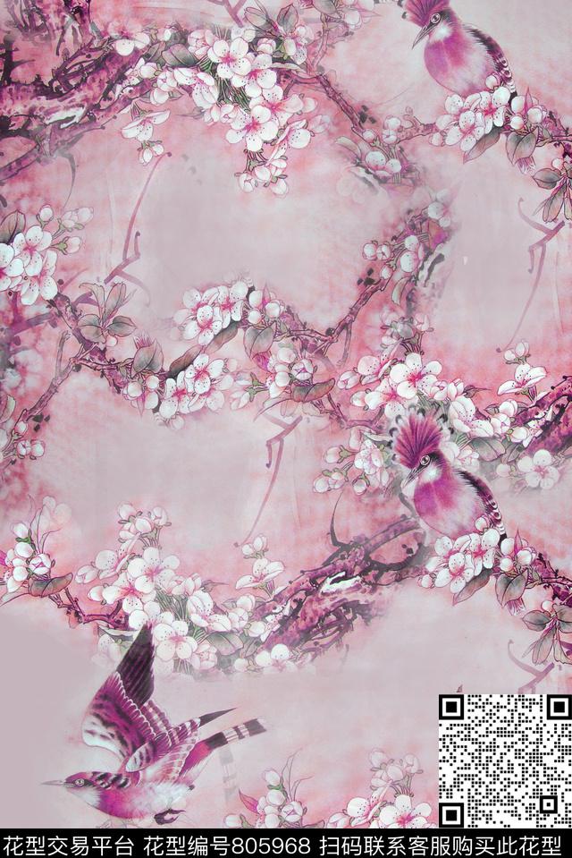 花鸟花枝工笔画数码印花华亿平台下载（图片编号: 805968） - 瓦栏（Walan）