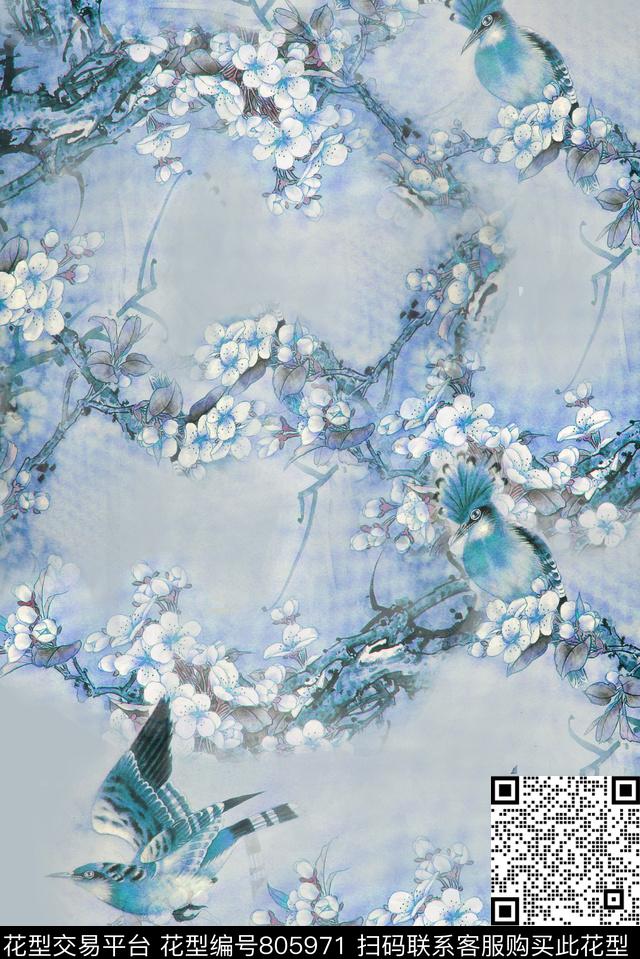 花鸟花枝工笔画数码印花华亿平台下载（图片编号: 805971） - 瓦栏（Walan）