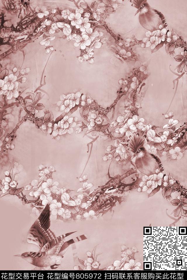 花鸟花枝工笔画数码印花华亿平台下载（图片编号: 805972） - 瓦栏（Walan）
