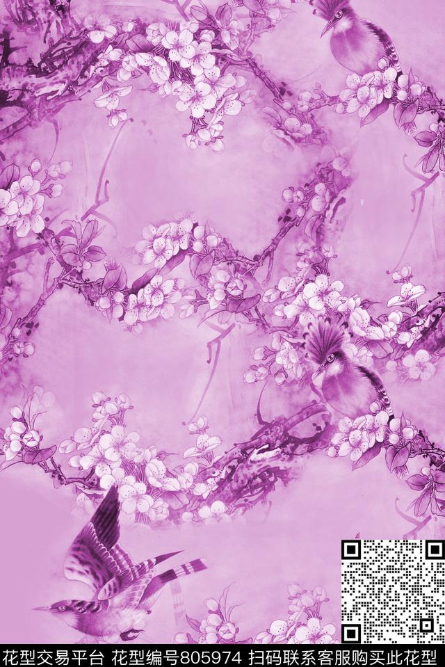 花鸟花枝工笔画数码印花华亿平台下载（图片编号: 805974） - 瓦栏（Walan）