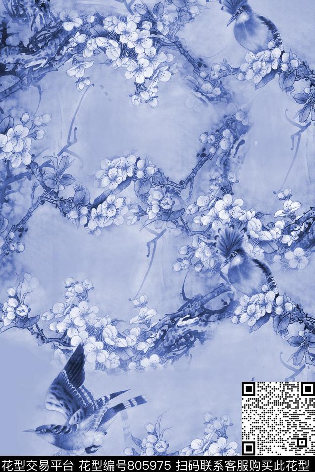 花鸟花枝工笔画数码印花华亿平台下载（图片编号: 805975） - 瓦栏（Walan）