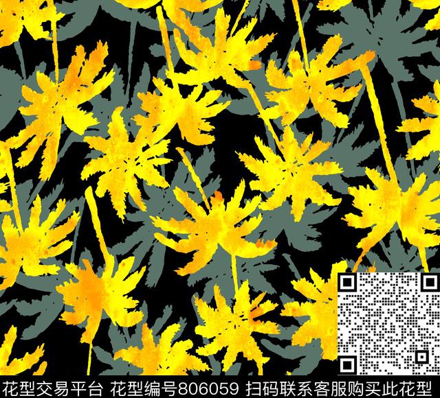 手绘椰子树水彩传统印花华亿平台下载（图片编号: 806059） - 瓦栏（Walan）