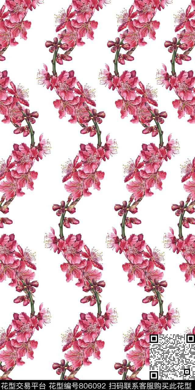 手绘花花卉串花数码印花华亿平台下载（图片编号: 806092） - 瓦栏（Walan）