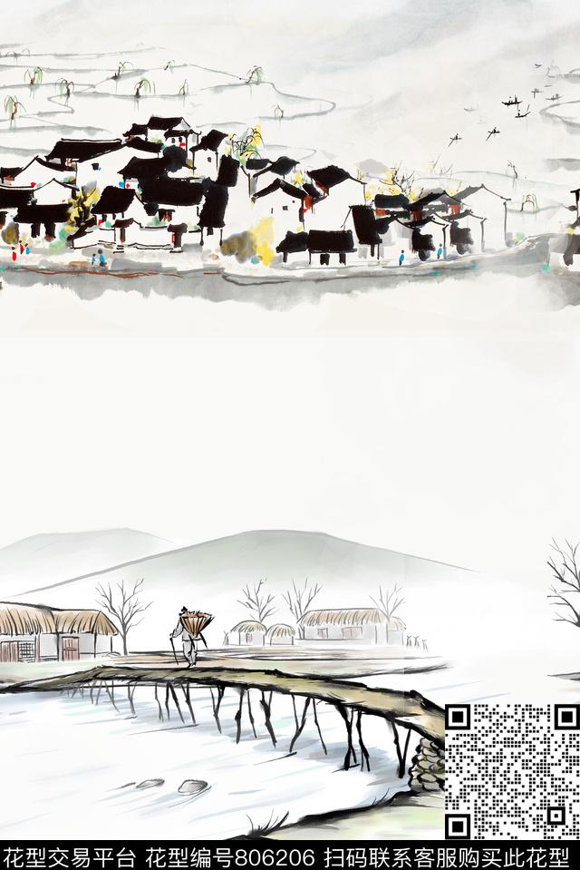 小桥流水人家数码印花华亿平台下载（图片编号: 806206） - 瓦栏（Walan）
