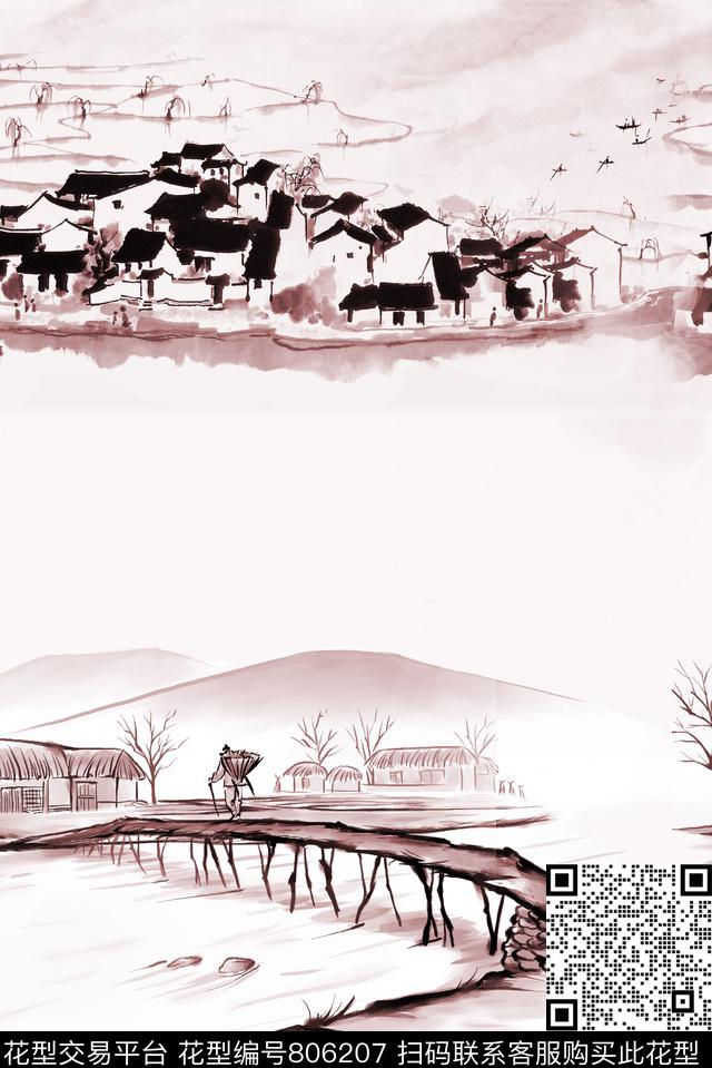 小桥流水人家数码印花华亿平台下载（图片编号: 806207） - 瓦栏（Walan）