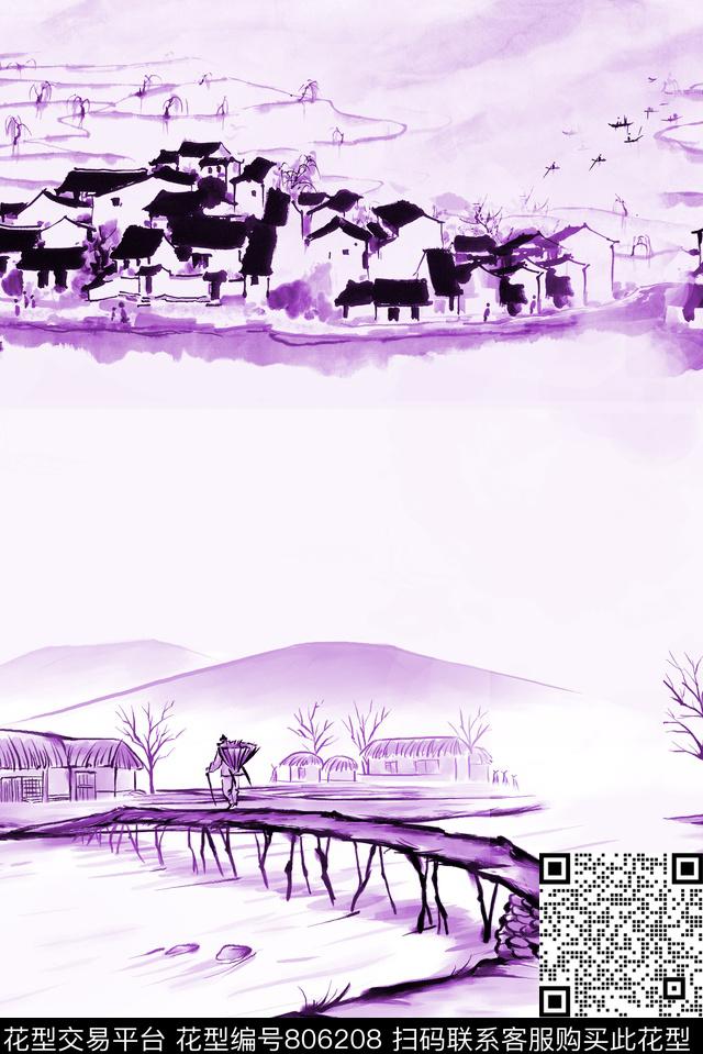 小桥流水人家数码印花华亿平台下载（图片编号: 806208） - 瓦栏（Walan）
