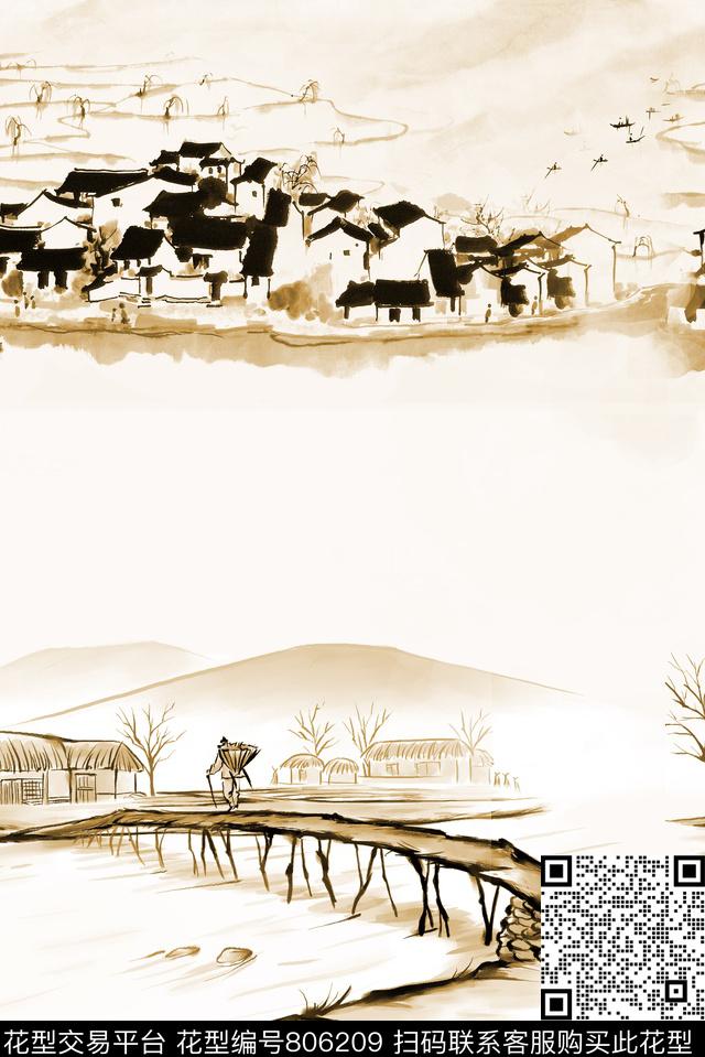 小桥流水人家数码印花华亿平台下载（图片编号: 806209） - 瓦栏（Walan）