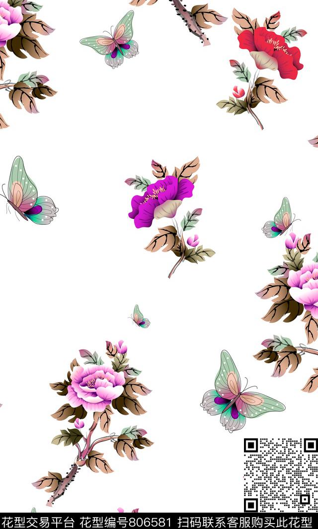 牡丹花朵花卉数码印花华亿平台下载（图片编号: 806581） - 瓦栏（Walan）
