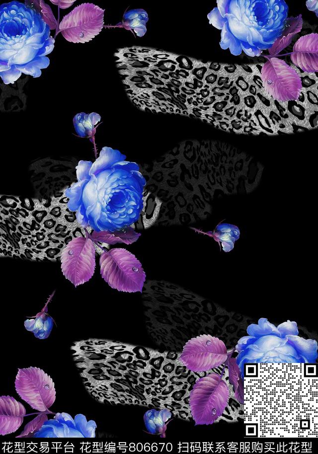 花朵豹纹女装数码印花华亿平台下载（图片编号: 806670） - 瓦栏（Walan）