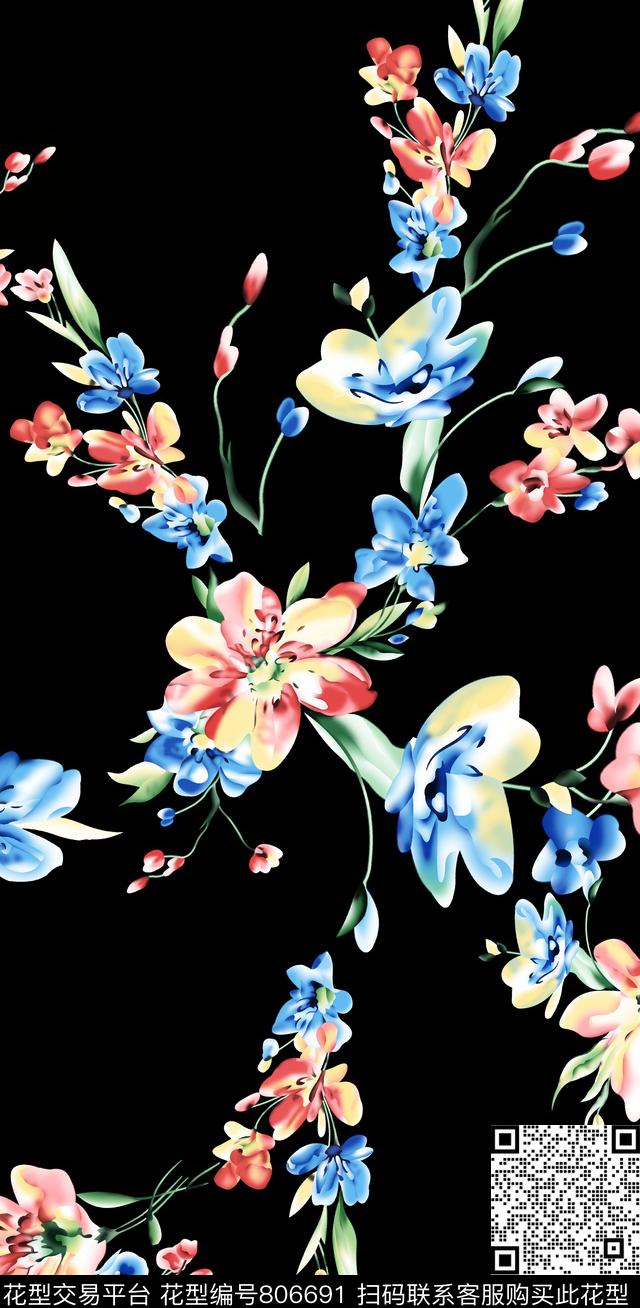 秋冬华亿平台大气白底花卉乱花数码印花华亿平台下载（图片编号: 806691） - 瓦栏（Walan）