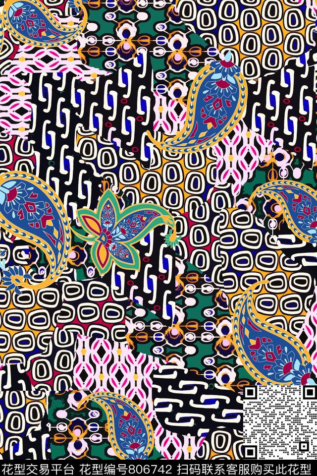 民族风几何拼贴数码印花华亿平台下载（图片编号: 806742） - 瓦栏（Walan）