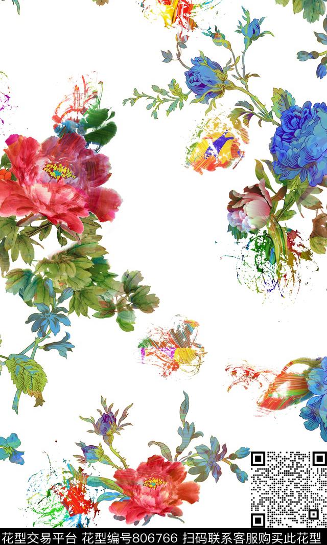 手绘花卉流行时尚数码印花华亿平台下载（图片编号: 806766） - 瓦栏（Walan）
