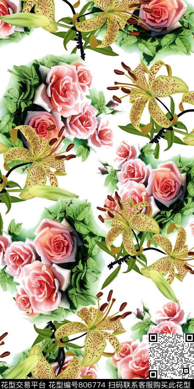 玉兰花兰花玫瑰数码印花华亿平台下载（图片编号: 806774） - 瓦栏（Walan）