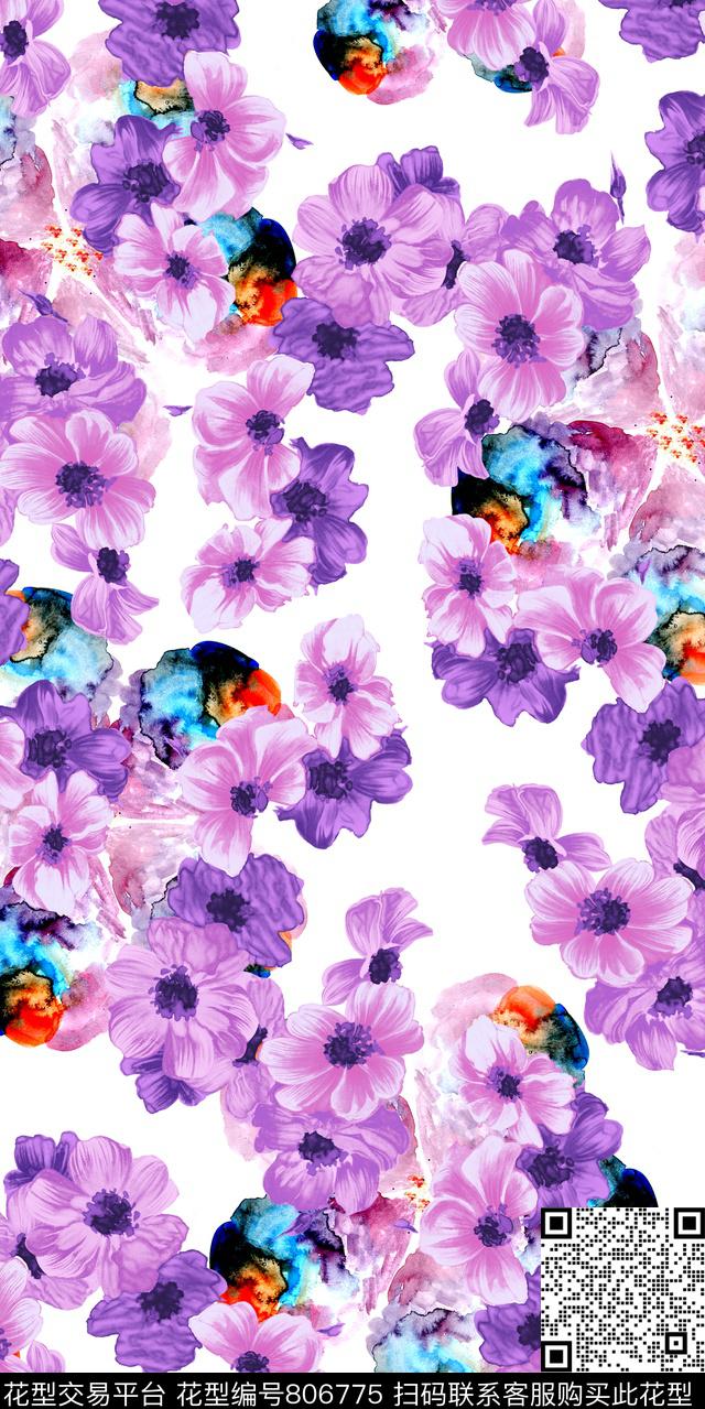 玉兰花雏菊百合数码印花华亿平台下载（图片编号: 806775） - 瓦栏（Walan）